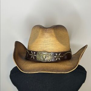 Men's Brown Straw Cowboy Hat with Decorative Leather Band
